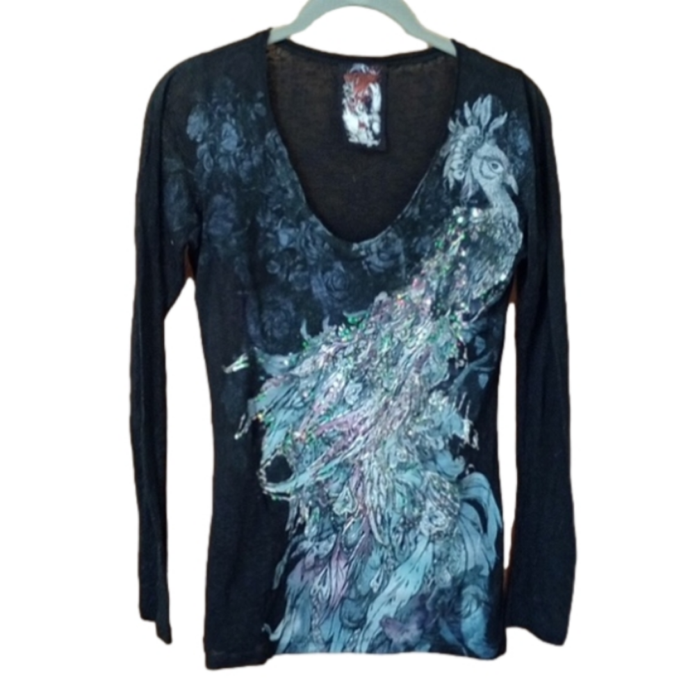 In Vein Long Sleeve Burnout Tee Peacock size M